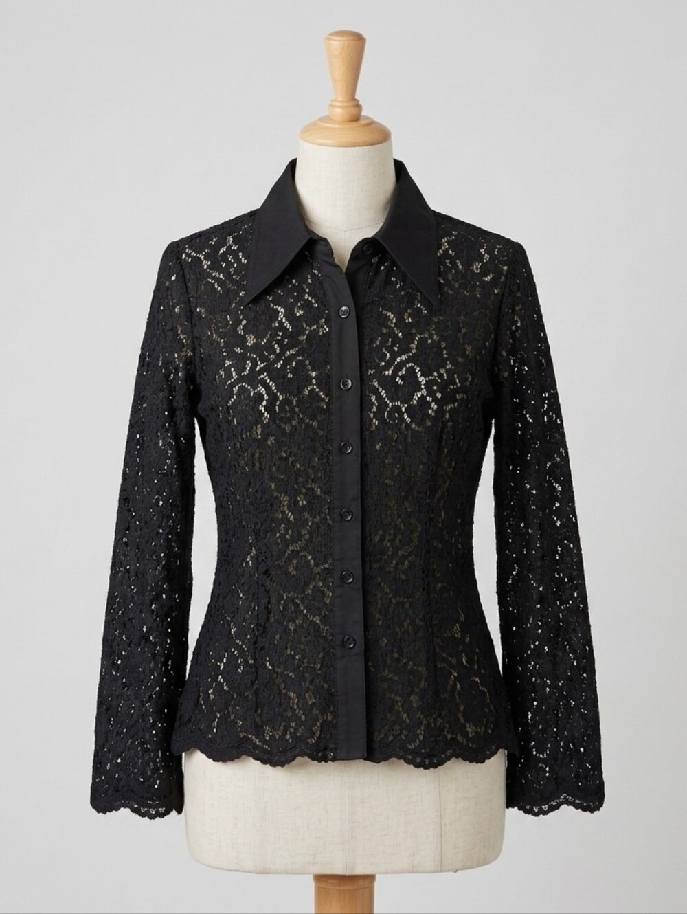 Finley Black Sheer Lace Blouse Scallop Hem Big Collar Size Medium
